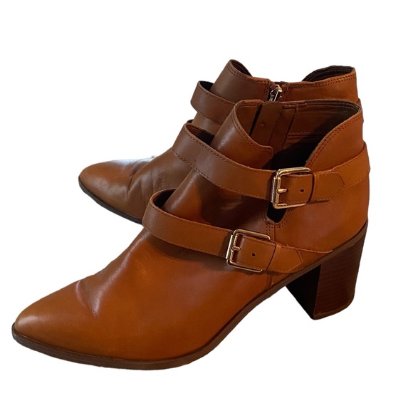 FRANCO SARTO CAMEL LEATHER ANKLE BOOTS WITH STRAPS WOMENS SIZE 10 STACKED HEEL - Picture 3 of 15